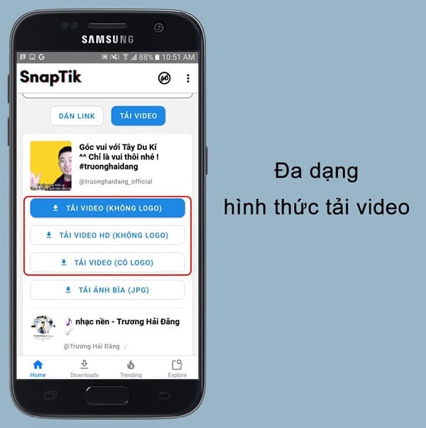 SnapTick Đa dạng hình thức tải video trên ứng dụng SnapTik