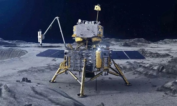Hình ảnh mô phỏng về trạm đổ bộ của tàu Hằng Nga 5 hoạt động trên bề mặt Mặt Trăng.