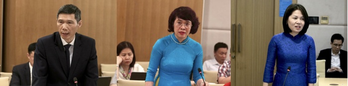 Từ trái qua phải ông Đỗ Hữu Trí, bà Nguyễn Thị Ngọc Diệp, bà Nguyễn Như Quỳnh  phát biểu nhận nhiệm vụ mới tại buổi Lễ.
