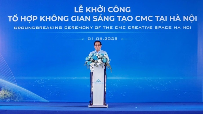 Thủ tướng Phạm Minh Chính phát biểu tại Lễ khởi công dự án Tổ hợp Không gian sáng tạo CMC tại Hà Nội.