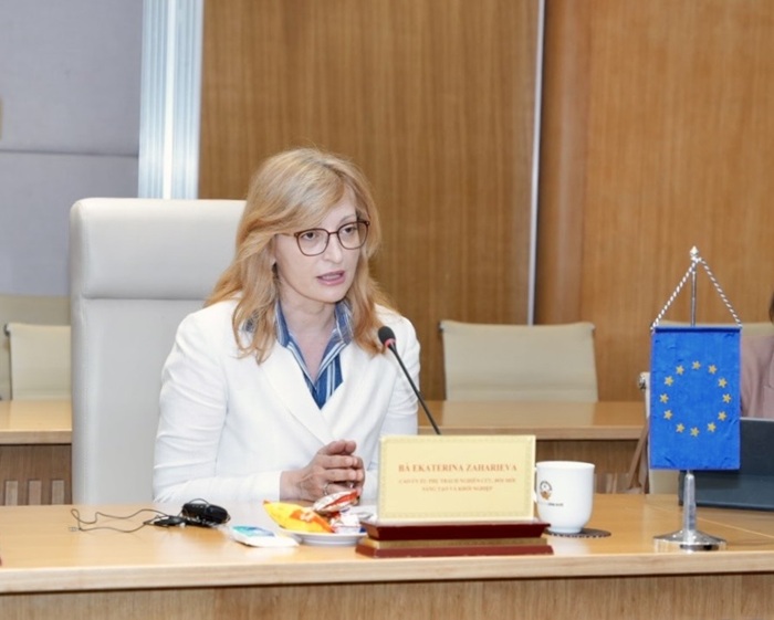 Bà Ekaterina Zaharieva, Cao ủy Liên minh châu Âu phụ trách Nghiên cứu, Khởi nghiệp và Đổi mới sáng tạo phát biểu tại buổi tiếp.