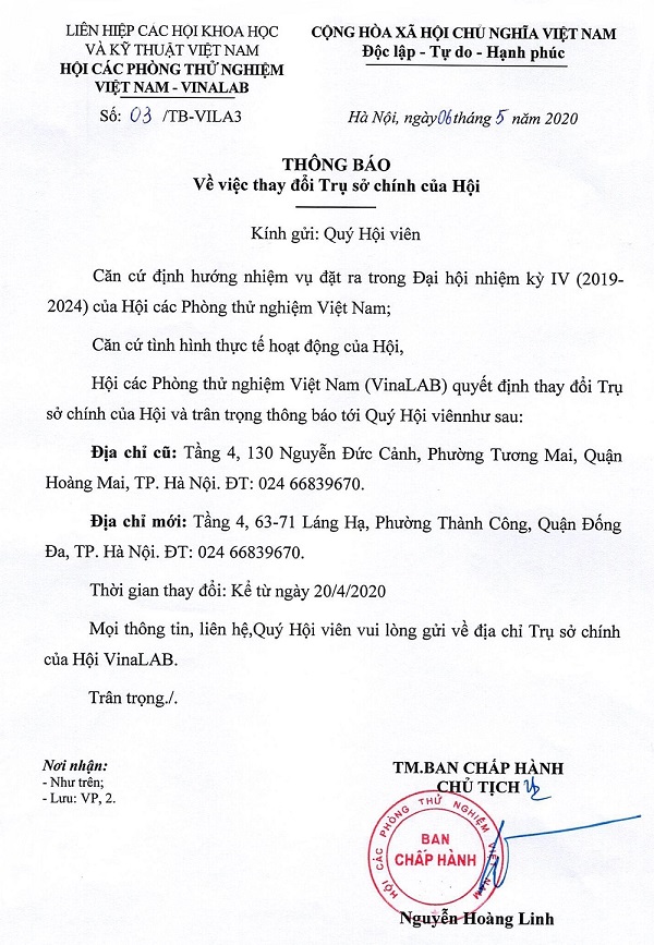 Thông báo thay đổi Trụ sở Hội các Phòng thử nghiệm Việt Nam